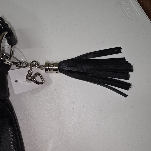 Bella Russo Black Faux Leather Shoulder bag w/Tassel NWT Adj Strap Heart Charms - Picture 9 of 10